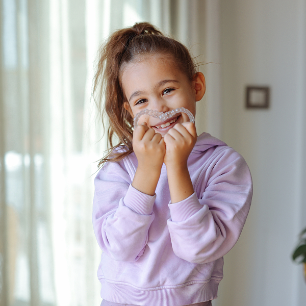A girl is holding clear aligners and smiling