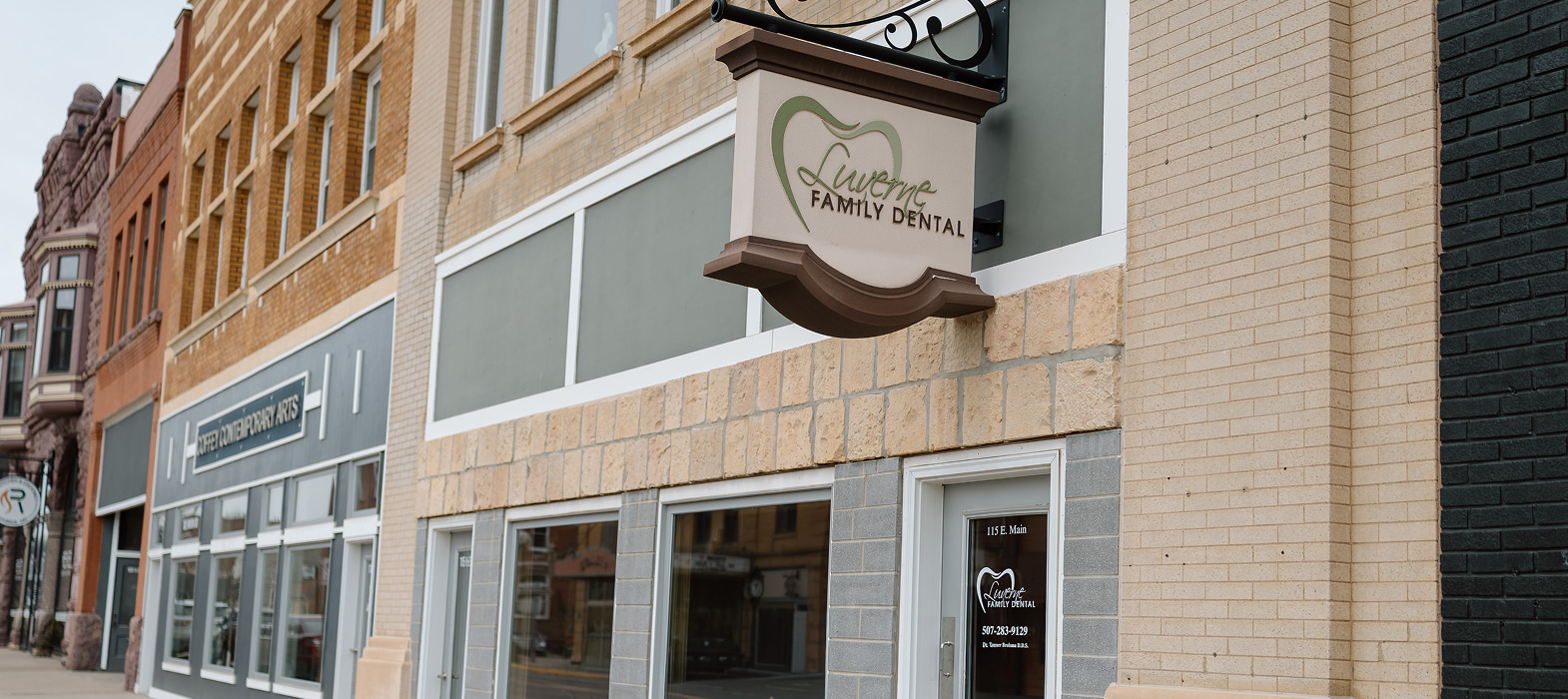 Luverne Family Dental Front entrance with a logo sign